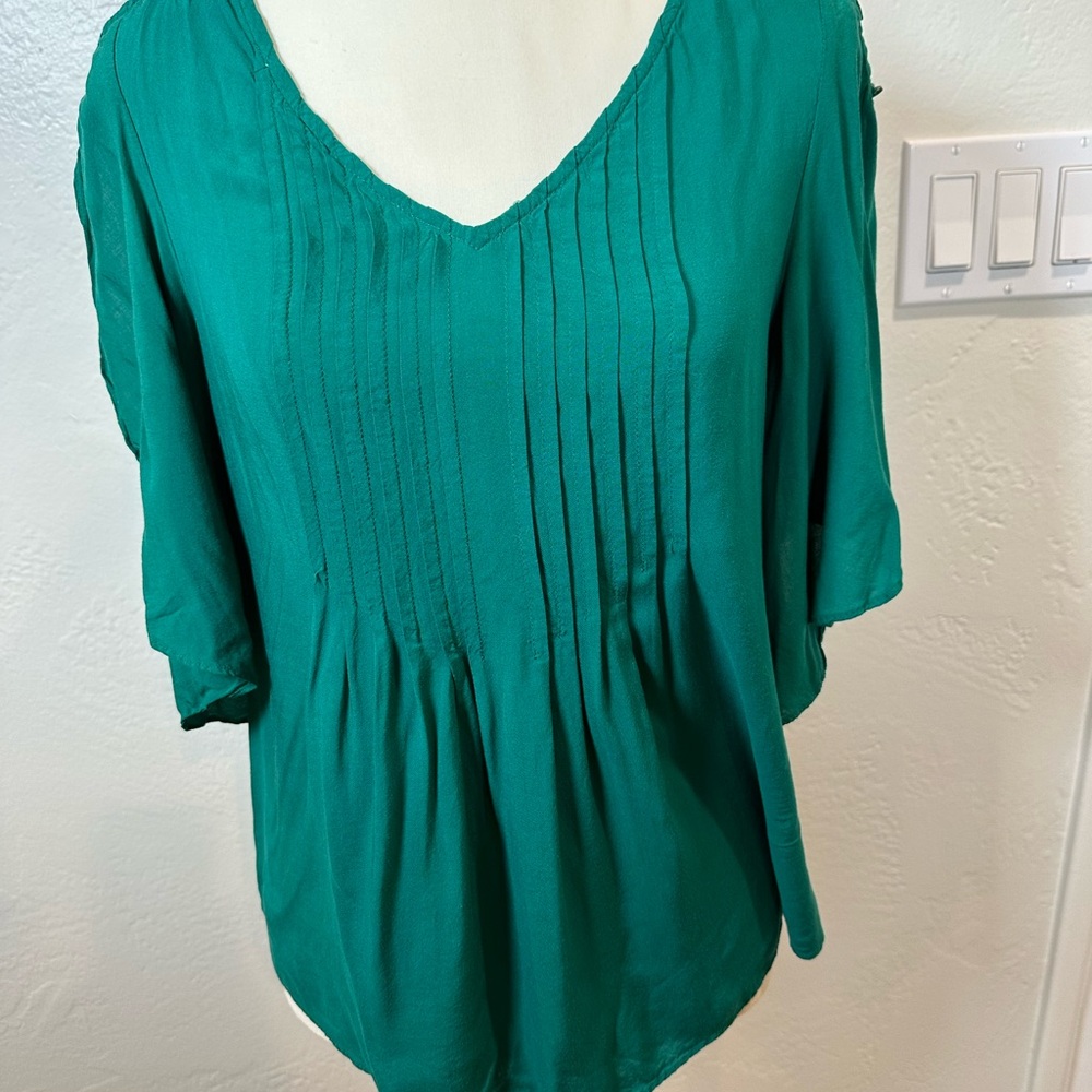 Maeve Green Pleated Blouse with 3/4 Sleeves